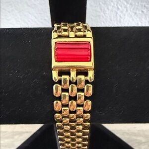 Vintage Gold Tone Panther Link Bracelet with Red Accent